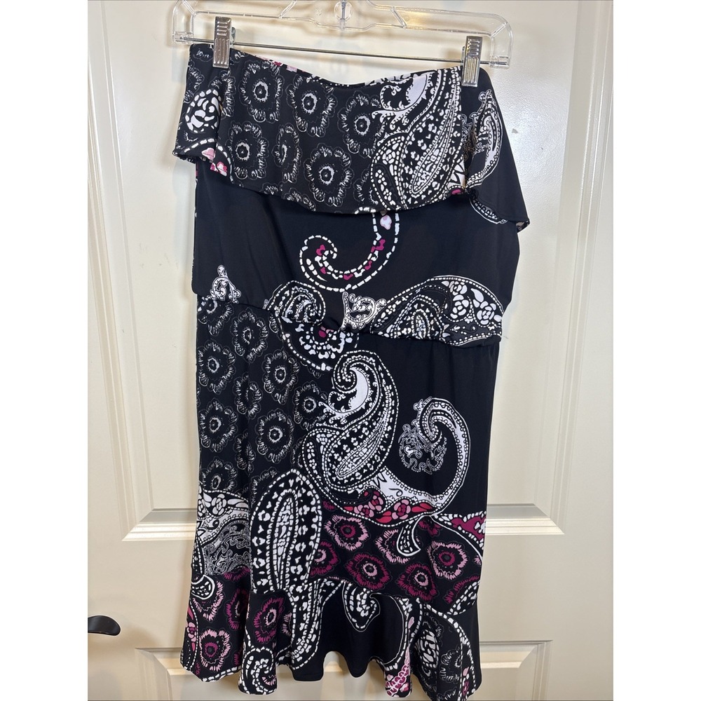 White House Black Market Strapless Dress Ruffled Black Paisley Size Medium Y2K